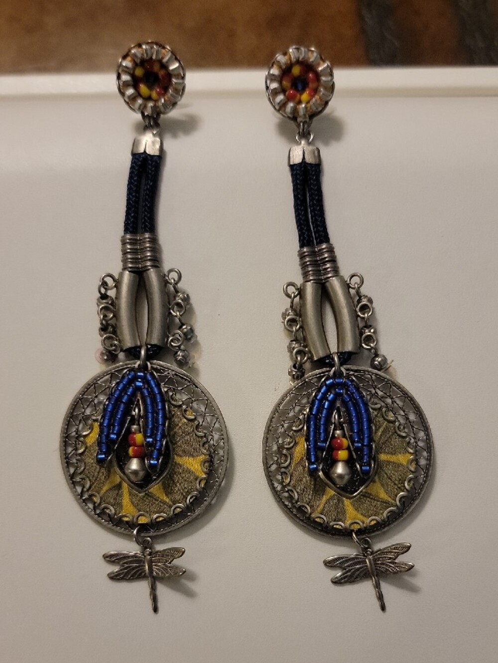 Ayala Bar Handcrafted Silver-Tone Dragonfly Drop Earrings with Blue Bead Accents